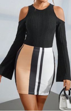 Cold Shoulder Ribbed Long Sleeve Crop Top & Striped Skirt Set *NEW*