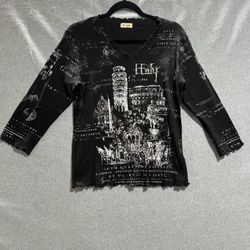 Cactus Womens Artsy Italy Rome Graphic Top Black V-Neck Lettuce Edge 3/4 Sleeve
