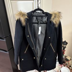 NWT J. Crew Chateau Parka Black Italian Wool Winter Coat Fur Hood Womens Size 2  (Small) *BRAND NEW*