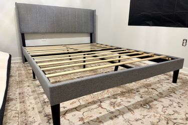Queen Gray Upholstered Platform Bed Frame with Headboard