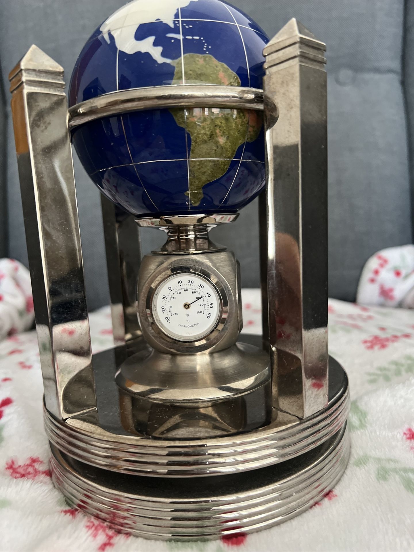 Kalifano Mother of Pearl Rotating Gemstone Globe World Clock Thermometer