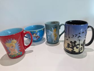 Disney Tinker Bell Pinocchio Mickey Mouse Ceramic Coffee Mug Lot Of 4 Cups