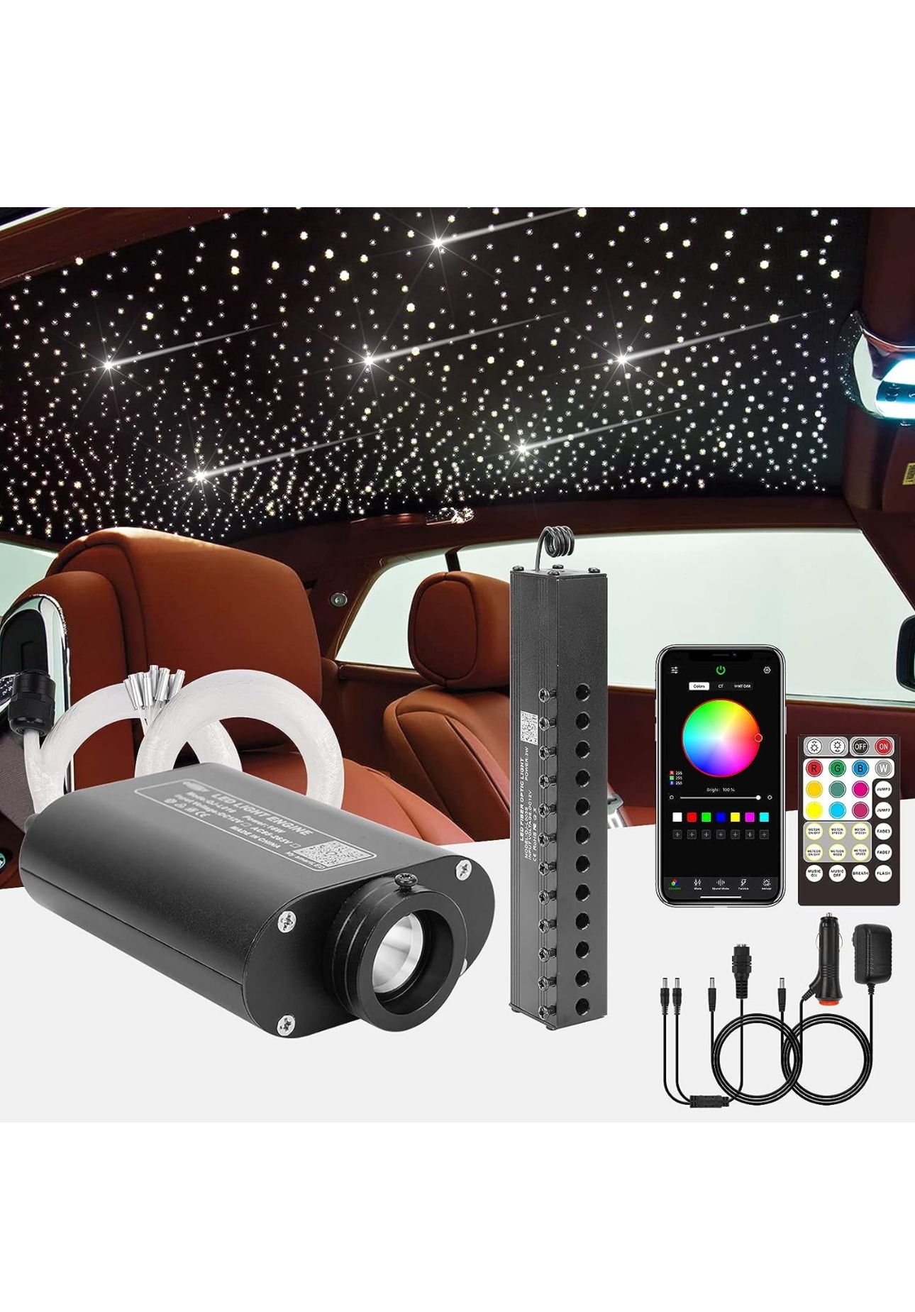 CHINLY Meteor 16W 450pcs 9.8ft (0.03in+0.04in+0.06in) Car Use Bluetooth RGBW LED Fiber Optic APP/Remote Music Mode Headliner Light Kit+ Shooting Star
