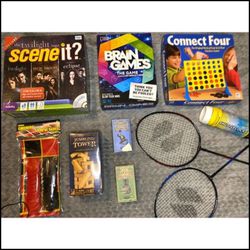 Family Game Bundle, 4 Board Games, Badminton, Jenga, 2 Brain Teasers/Riddles
