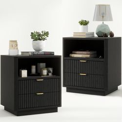Black Nightstand Set of 2, Fluted Nightstands with Drawer, Black Large Nightstand with 2 Drawers and Storage Shelf, Wooden Night Stand Modern Design N