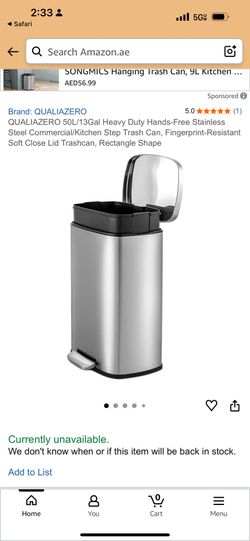 Qualiazero Kitchen Trash Can, 13.2 Gallon Stainless Steel Rectangular Step on Lid Garbage Bin, Silver $45