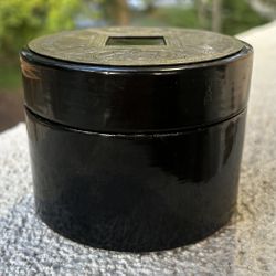 Vintage Black Lacquer Trinket Box with Engraved Metal Bird and Floral Lid