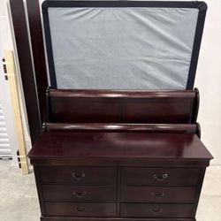 Dark Wood Sleigh Queen Bed Frame & Matching Dresser
