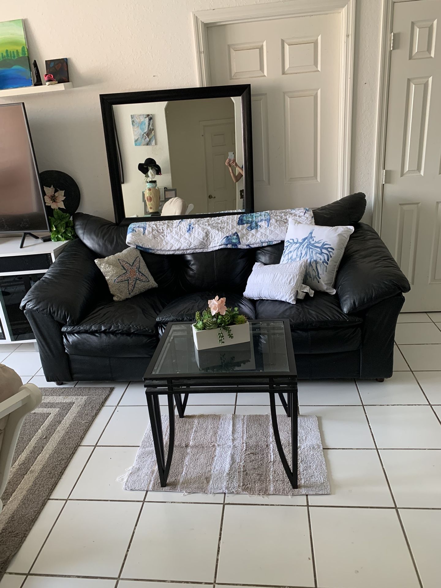 Living Room Set $169 For All. 🛋🖼🎨🍀 Couch, Sofa, Mirror, Table. Leather Sofa, Black Furniture, Leather Furniture. Couch.