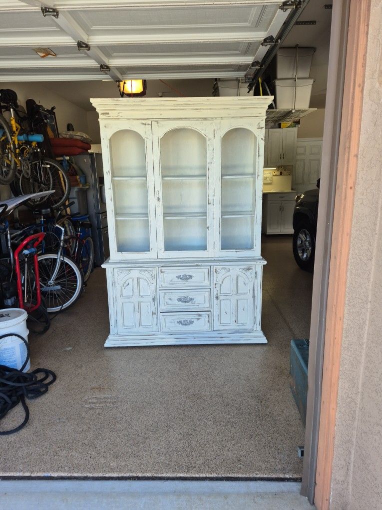 White Cabinet Hutch Vintage 54" X 79" X 17" With Built In Light China Glass Wear