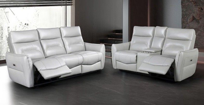 Brand New Taupe Leather Power Reclining Sofa & Loveseat 