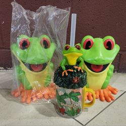 Rainforest Cafe Kids Frog Cups Lot of 3 Chacha 3D Sipper With Straw