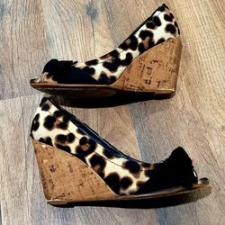 Leopard Print Fabric Wedges Size Woman's 6