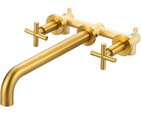 Wall Mount Tub Filler ARCORA Brushed Gold Bathtub Faucet Long Spout Reach, 2 Cross Handles Wall Mount Tub Faucet with Brass Rough in Valve Included