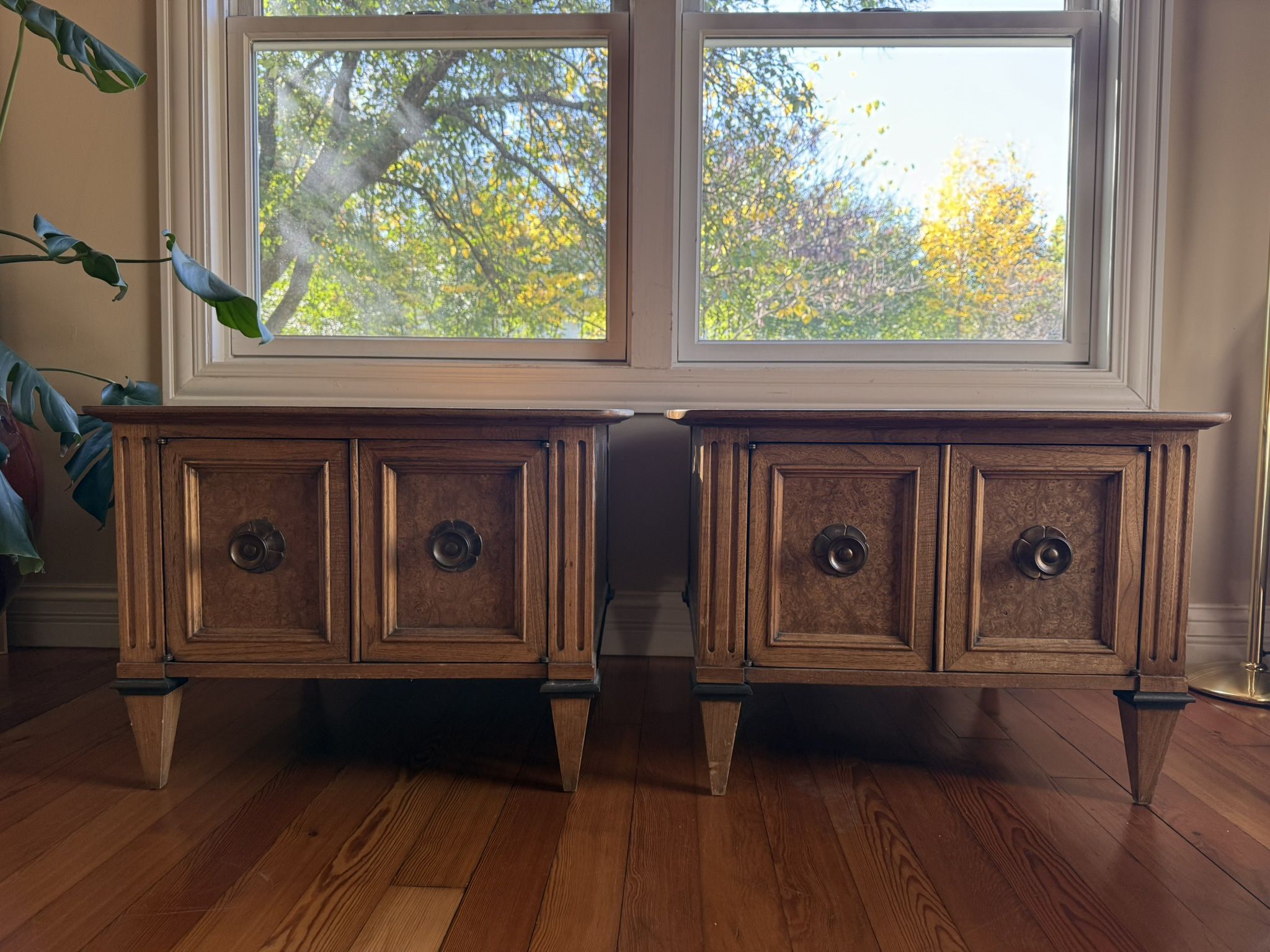 Lane Elm Burl And Brass MCM Nightstand/Commode Table SET OF 2 Authentic Vintage Lane 1962