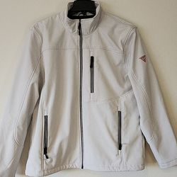 GUESS Jacket Mens XLarge White Full Zip Lined Collared Microfiber Logo Patch