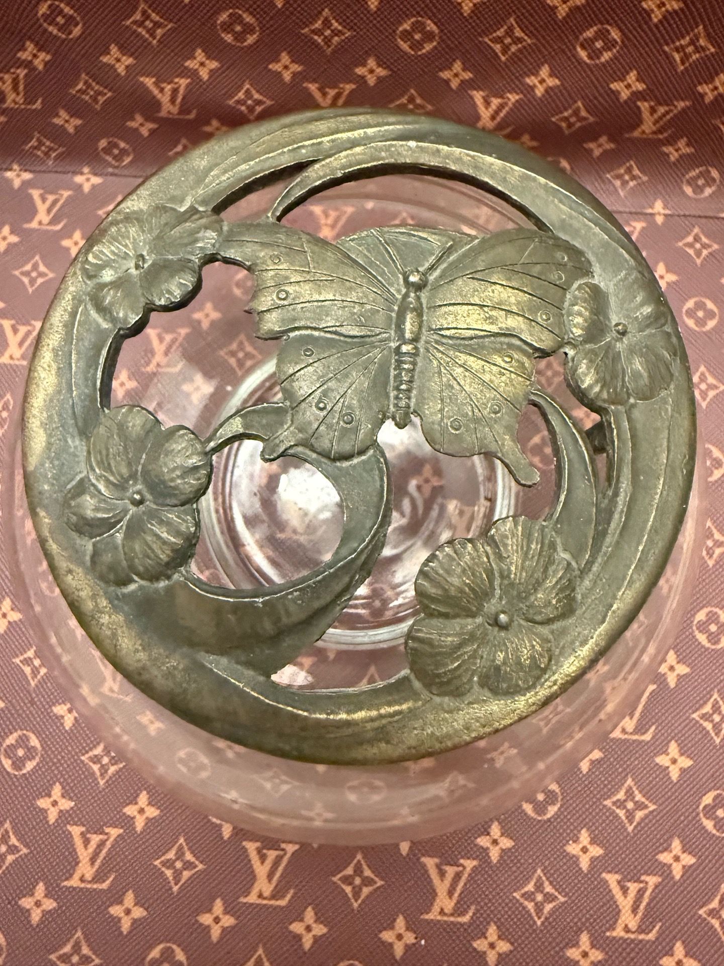 Vintage Glass Potpourri Bowl w/ Metal Butterfly Floral Lid