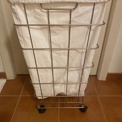 Crate & Barrel Steel Rolling Laundry Hamper With Liner