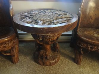 HAND CARVED ELEPHANT TABLE AND 2 CHAIRS