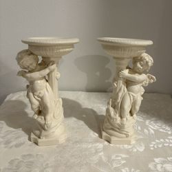 Singed 1998 Vintage Cherub Porcelain Ceramic Candle Holders with Angel Wings
