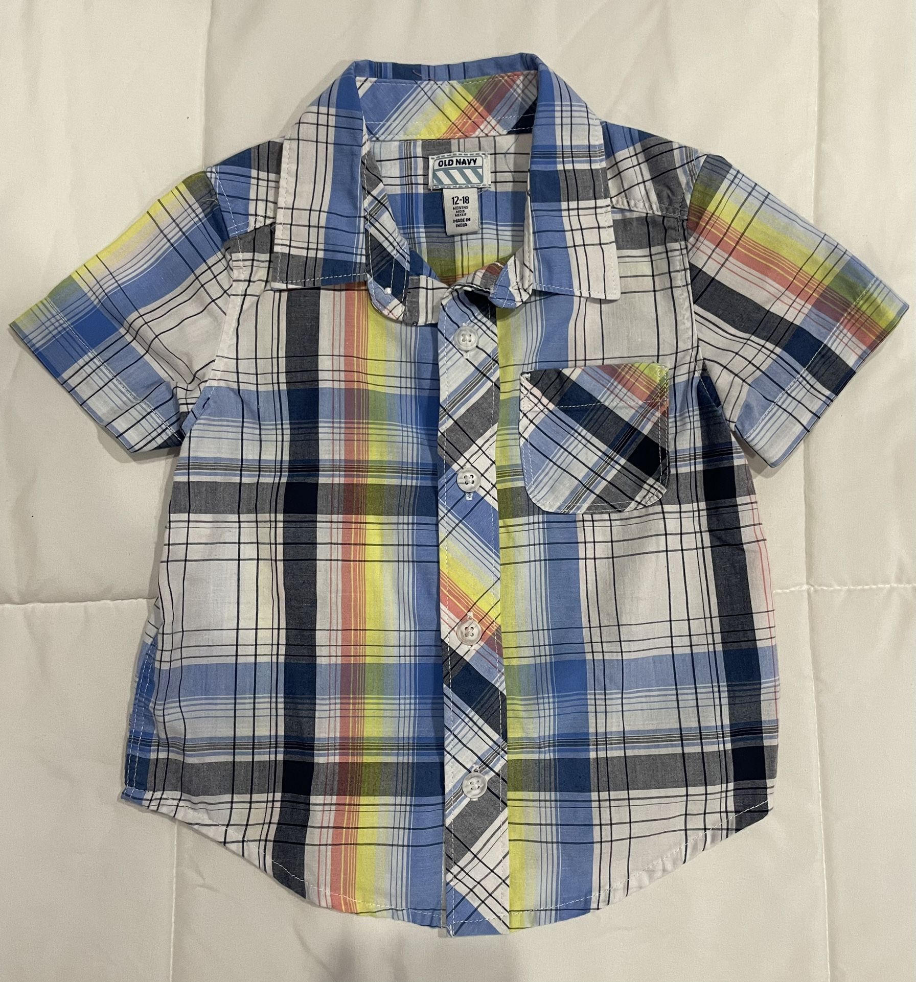 Infant Baby Boy Old Navy Plaid Button Down Short Sleeve Dress Shirt Size 12 to 18 months