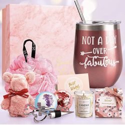 Birthday Gifts for Women, Funny Gifts for Her, Relaxing Spa Gifts Set with Insulated Wine Tumbler, Perfumed Soap, Bath Bomb, Scented Candles, Loofah S