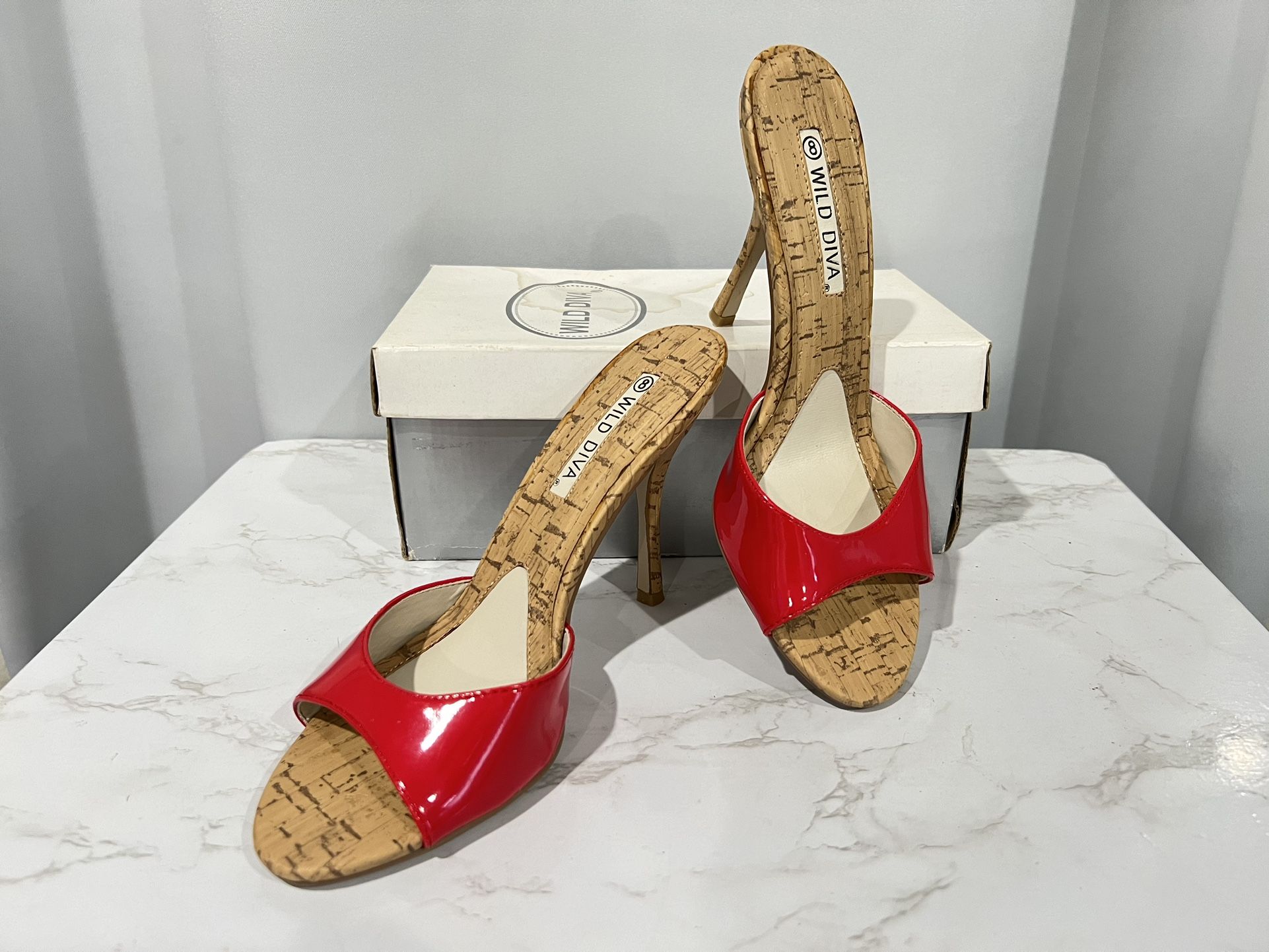 Red Patent Peep Toe High Heels - Size 8