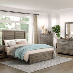 FARMHOUSE STYLE 4 PIECE QUEEN SIZE BEDROOM SET BED DRESSER NIGHTSTAND