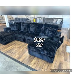 Black Corduroy Living Room Double Chaise Sectional Sleeper Sofa With Pull Out Bed 
