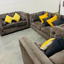 Luxury Gray Velvet Sectional Sofa with Decorative Pillows