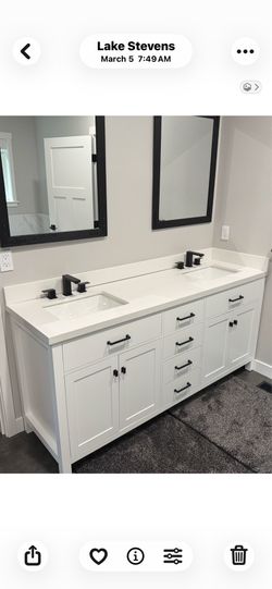 Ariel Bristol 72” White Bathroom Vanity. Solid wood, 1.5 inch Pure White Quartz Countertop and backsplash