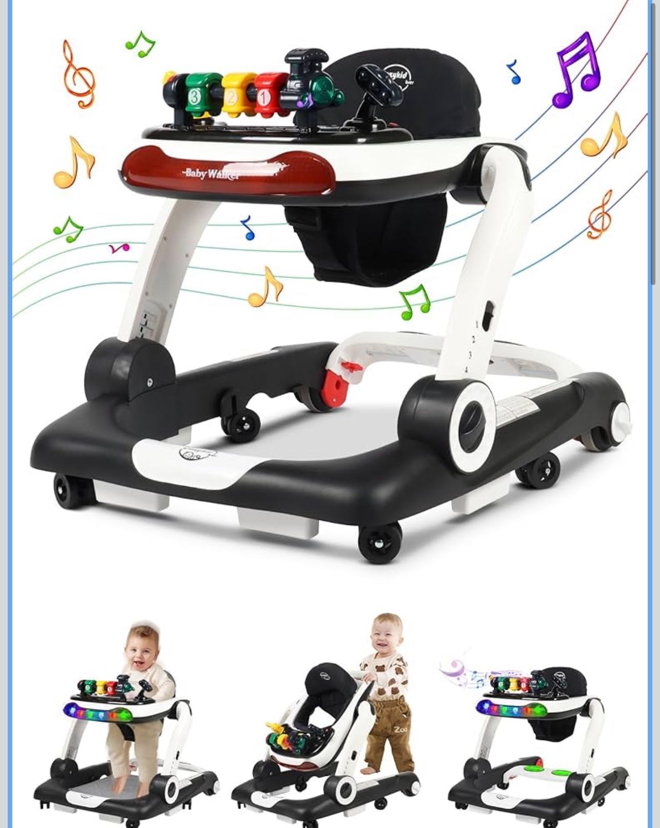 Music and Lights Baby Walker with Wheels, 6 in 1 Baby Activity Center w/Ergonomic backrest Design, Baby Walkers for Boys w/Foot Pads, Music Bouncer Wa
