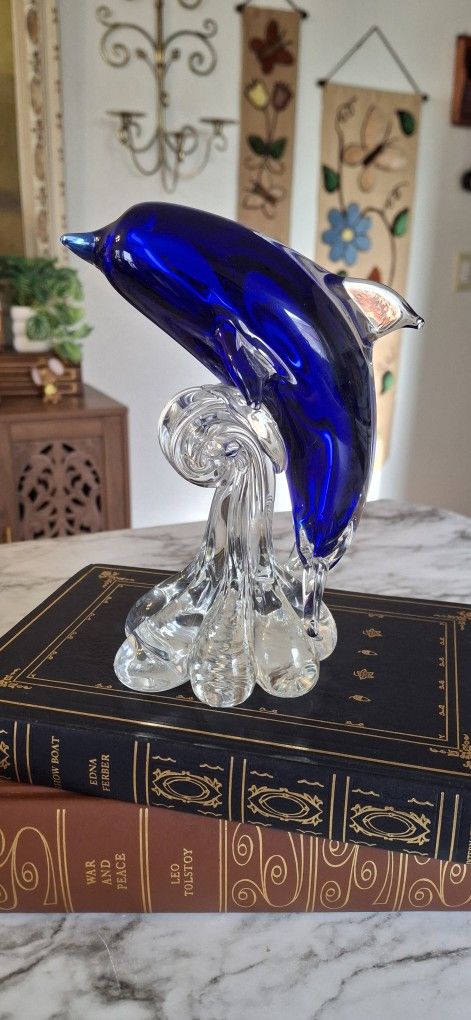 7" Blue Art Glass Dolphin Figurine