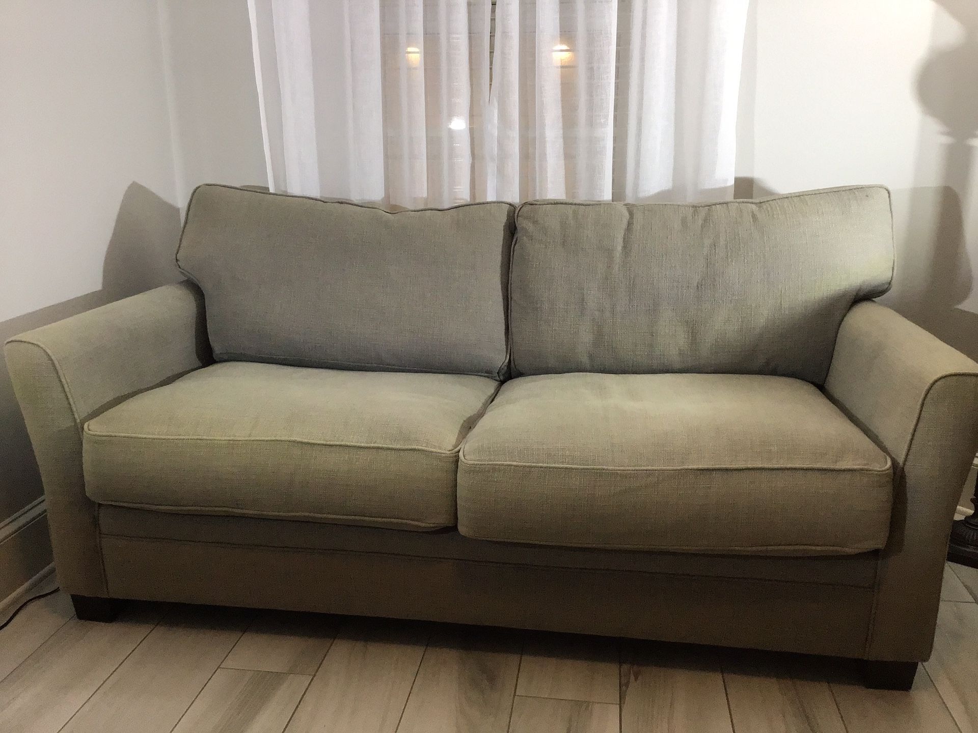 74” Sofa, Gray Textured Linen, Premium Cushions And Springs