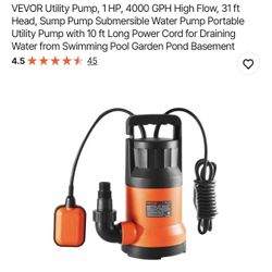 Utility Pump, 1 HP, 4000 GPH High Flow
