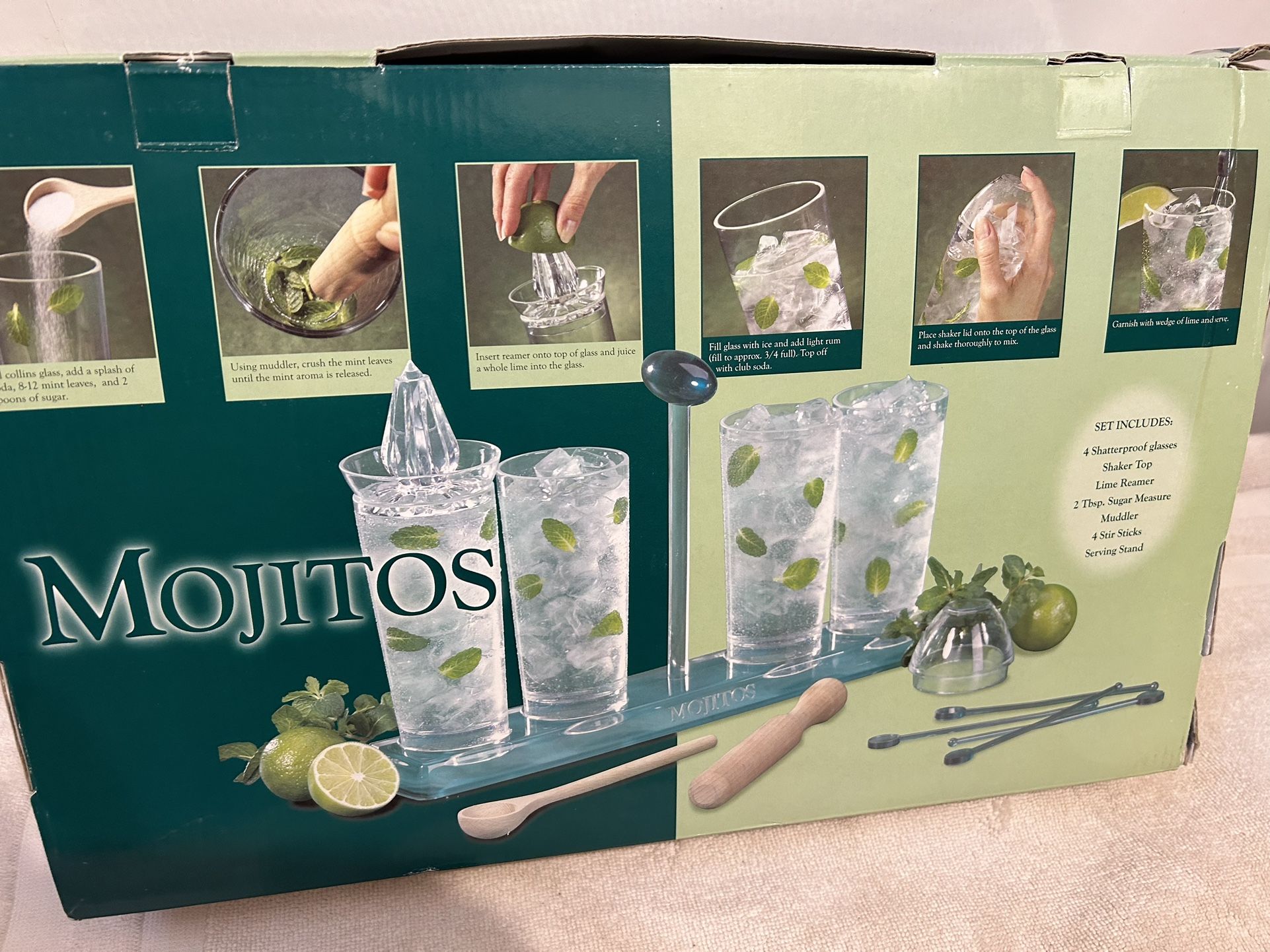 Mojitos Set, Includes: 4 Shatterproof Glasses, Sugar Spoon, Muddler, Lime Reamer, Shaker Lid, Stir Sticks “New”