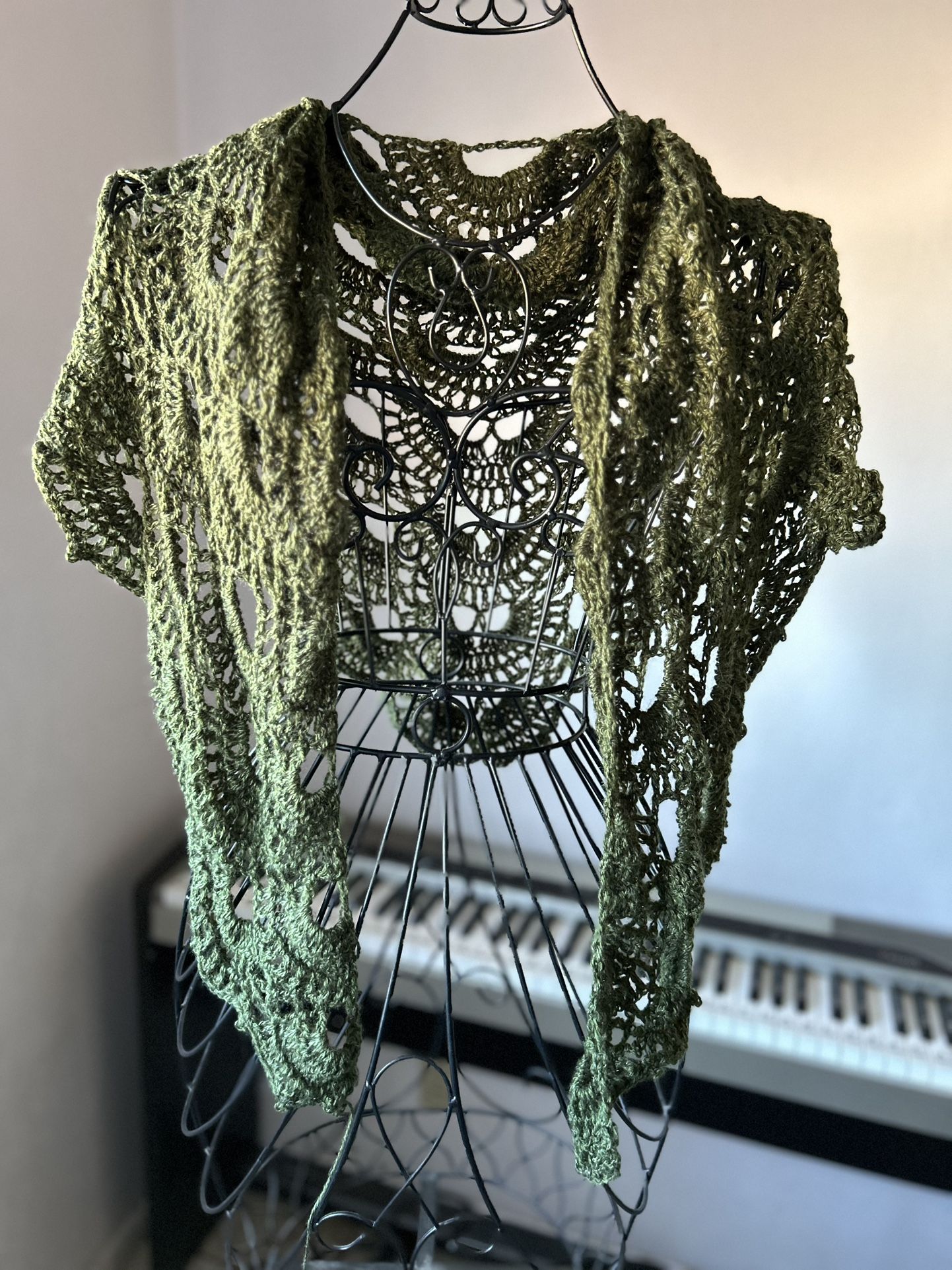 Green Crochet Lacey Shawl Or Scarf