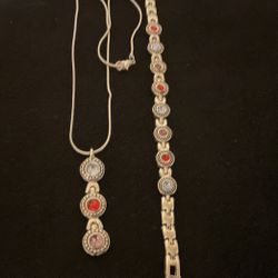 18” SilverTone Necklace & Pendant With Rhinestones And Matching 7” Bracelet With Rhinestones 