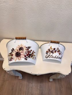 Fall Floral white enamel Metal Bucket - Set of 2