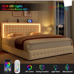 King Size LED Bed Frame with 4 Drawers, Velvet Platform Bed with Built-in USB Ports, Beige, New in Box  