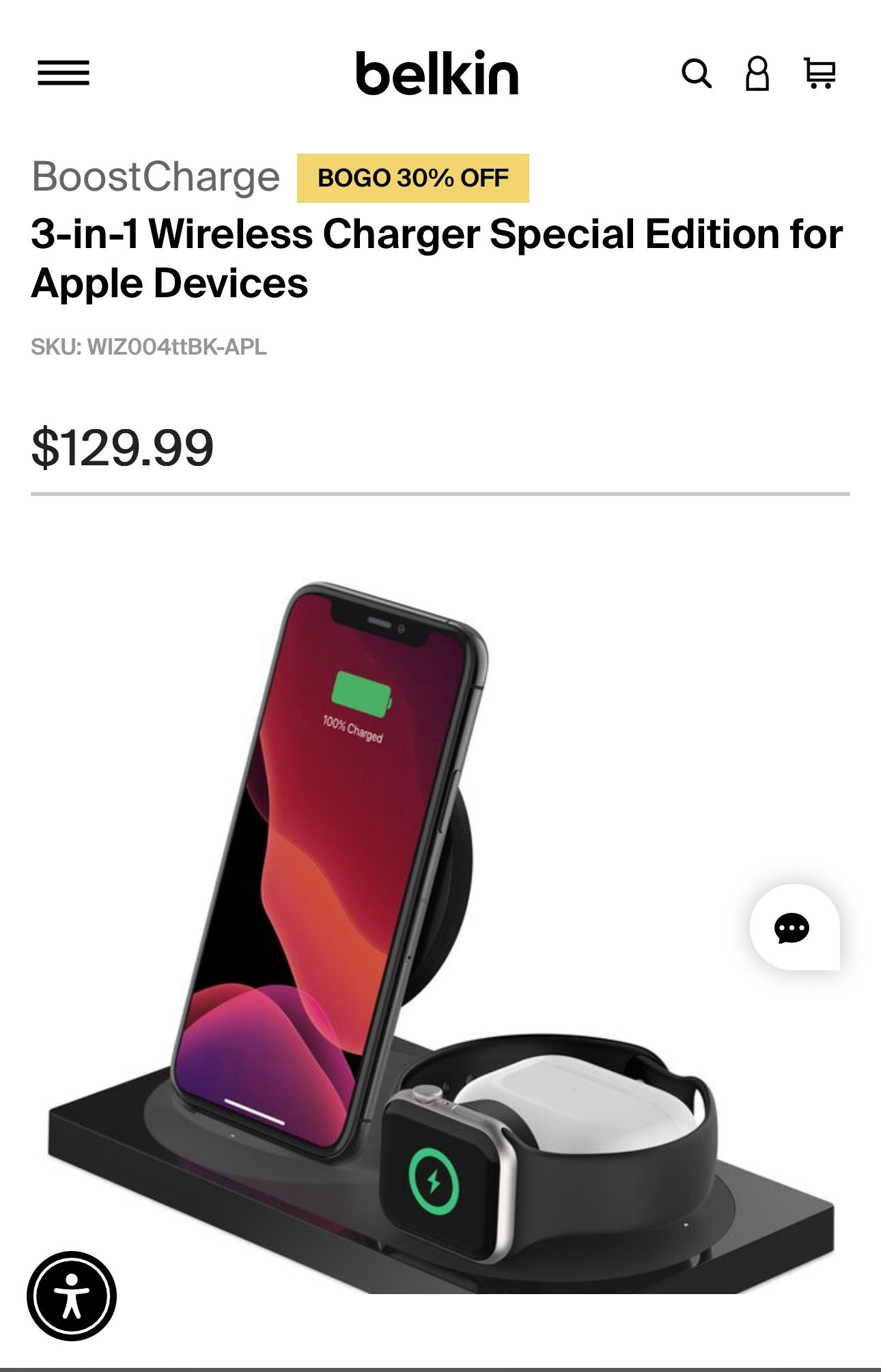 Belkin 3-in-1 Apple Wireless Charger (iPhone + Apple Watch + AirPods) — Fast Charge