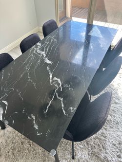 CB2 Harper Black Marble Dining Table + Chairs