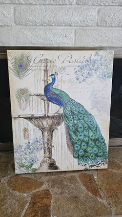 Peacock Fountain Canvas Wall Art - Blue Green