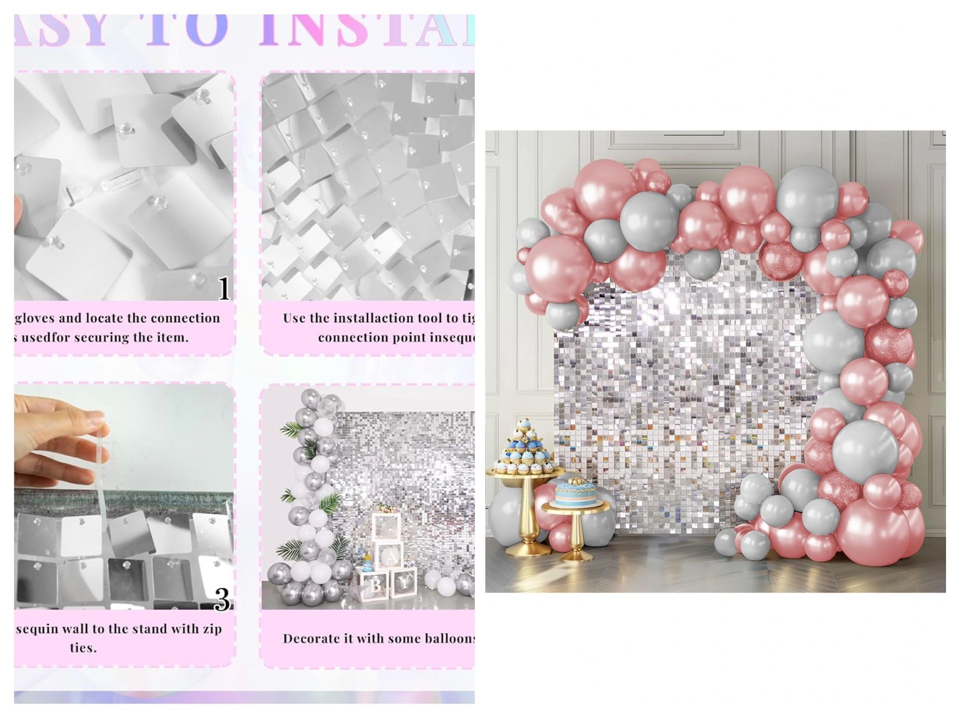 Silver Shimmer Wall Backdorp Shimmer Wall Backdrop Silver Wall Panels 24Pcs Square Sequin Shimmer Wall Backdrop Decoration for Birthday Party,Wedding,