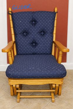 Wood Glider Rocking Chair with Blue Cushions