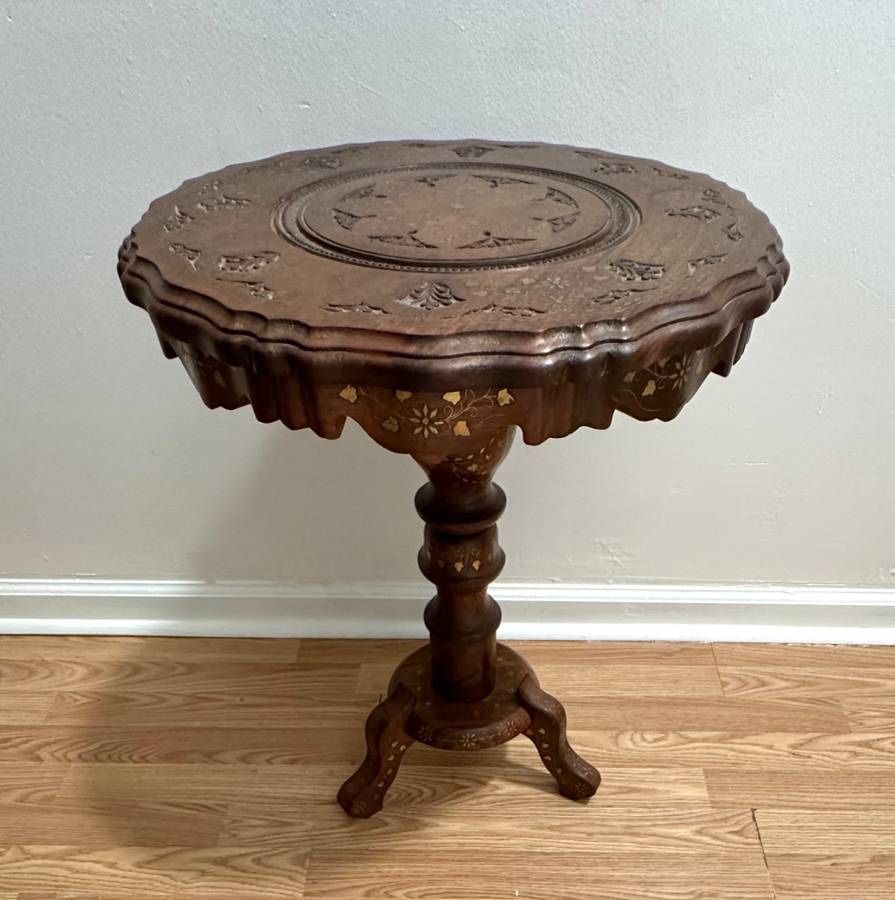 Vintage Solid Hand Carved Wood Accent Side Table With Gold Inlay