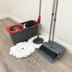 $30 (NEW) Broom Dustpan and Spin Mop Combo Set, Extended Handle w/ 2pc Microfiber Replacements