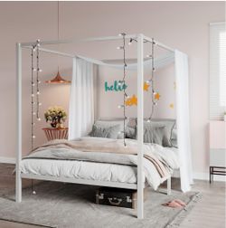 Metal Canopy Bed Frame Queen Size/Mattress Foundation with Metal Slats Support/No Box Spring Needed