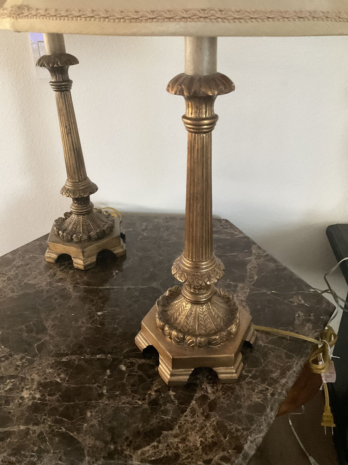 Pair Of Gold Candlestick table lamps With Silk Lampshades
