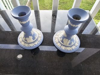 Vintage Wedgwood  Blue Jasperware Candle Holders 